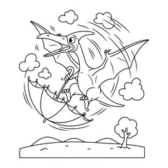 Pteranodon spinning around through the air while holding a large umbrella in this whimsical coloring page © Crafter