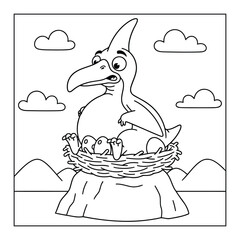 Pterodactyl sitting on a high mountain peak to protect small eggs inside a nest for this coloring page © Crafter
