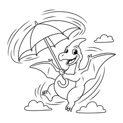 Pterodactyl character floating high in the sky while spinning a large striped umbrella in this coloring page © Crafter