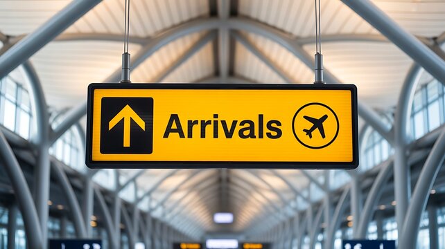 Airport arrivals sign with airplane symbol in modern terminal interior travel concept