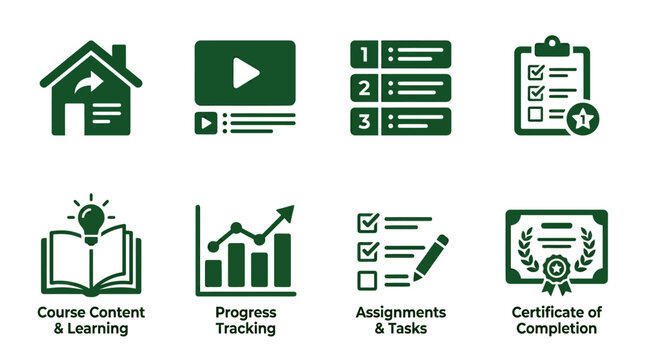 Educational icons representing home, learning, progress tracking, assignments, and certification