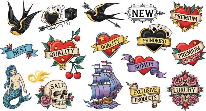Collection of traditional old school tattoo style badges and labels featuring hearts with banners, swallows, skull, mermaid, and vintage nautical icons for premium product branding.