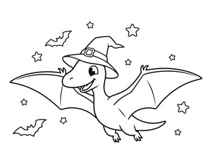Pterodactyl wearing a magic wizard hat while flying through a starry night sky for this coloring page © Crafter