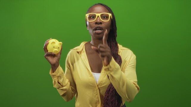 Young african american woman holds piggy bank in hand and makes finger to lips gesture in studio; cautious saving secrecy.
