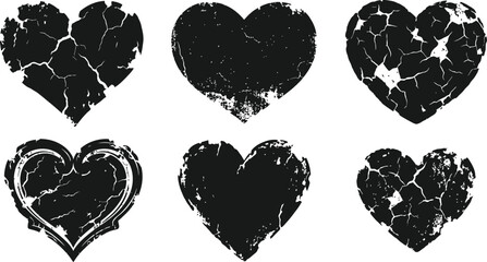 Cracked heart set, distressed black heart shapes with shattered texture, vintage grunge icons for heartbreak and emotional street art design © Graphiccircle