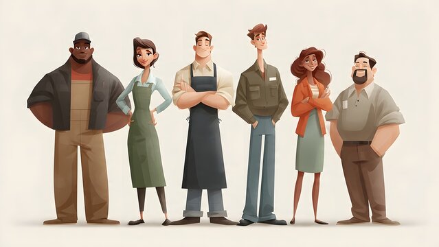 Six diverse individuals posing confidently, men and women dressed in smart casual work attire, representing different professions, strong team presence and collaboration illustration