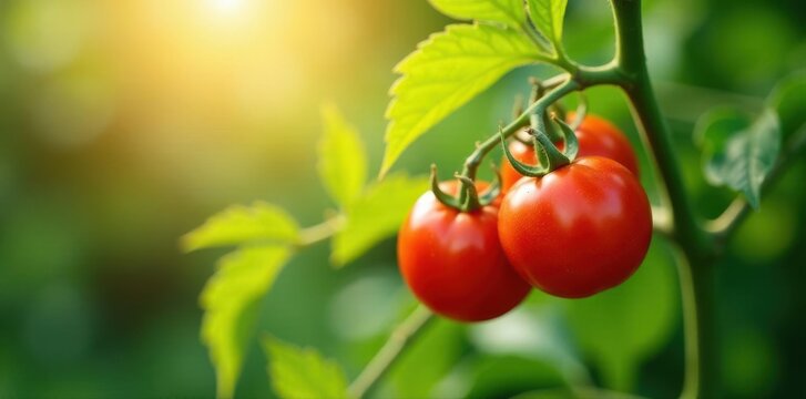 Sun-drenched cherry tomatoes hang heavy on a thriving tomato plant , branch, outdoor