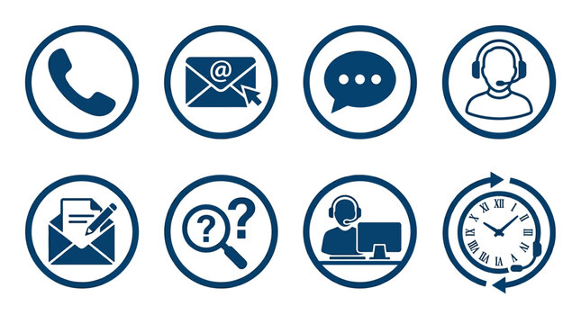 Icons representing communication methods including phone, email, chat, and support in a digital context
