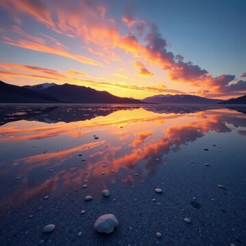Sunset mirroring in Bonneville Salt Flats' symmetrical landscape, background, picture, desert