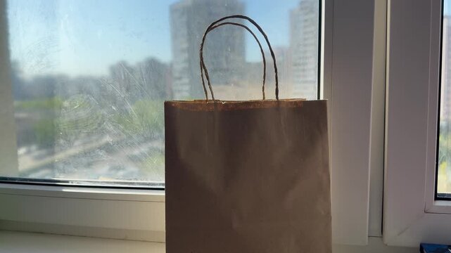 Placing Empty Plastic Bottles into Kraft Paper Bag on Windowsill
A realistic lifestyle video showing empty plastic bottles being placed into a kraft paper bag on a windowsill with a city view 