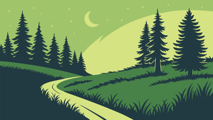 Obraz premium Moonlit forest landscape, serene road, green hills, pine trees, night scenery