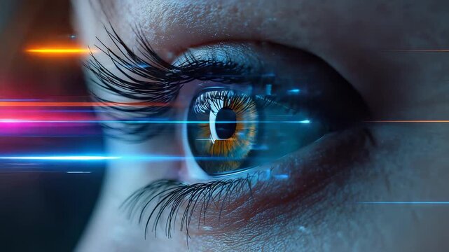 Extreme close up of human eye with hazel iris detailed eyelashes and glowing blue orange digital light streaks with futuristic elements