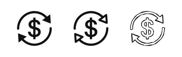 Obraz premium Currency Exchange and Money Flow Icon Set - Dollar Symbol with Arrows in Three Styles