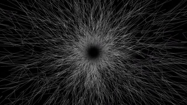 High quality 4K seamless animated loop. Features a monochrome endless geometric wireframe tunnel with sharp rotating lines fading into a dark abyss. Perfect for cyberpunk themes, VJ loops