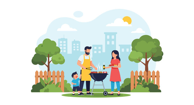 Flat vector illustration of family having barbecue party outdoors during summer vacation, symbolizing togetherness, food, and leisure lifestyle
