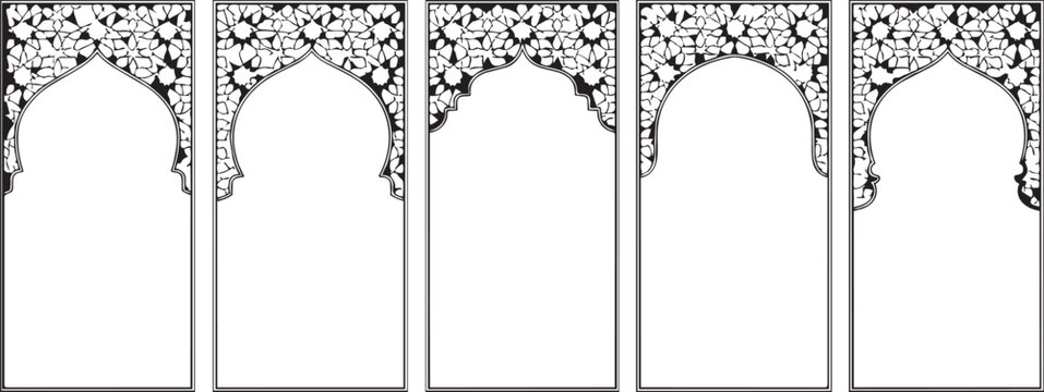 Collection of ornate Islamic arch frames with intricate floral patterns decorative architectural elements for invitations and borders isolated on white