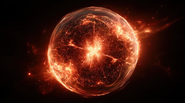 Fiery orb with energy explosions against a dark background