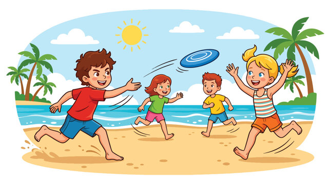 Flat vector illustration of children playing frisbee on the beach during summer vacation, highlighting active outdoor recreation and joyful lifestyle