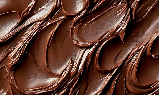 Creamy milk chocolate spread texture with smooth swirls and rich glossy ripples close up surface.
