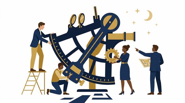 Business team working together on a large nautical sextant navigation instrument.