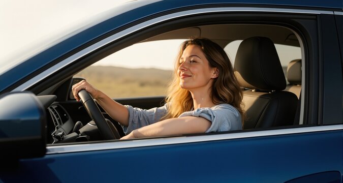 Freedom car travel concept - woman relaxing out of window in a c

