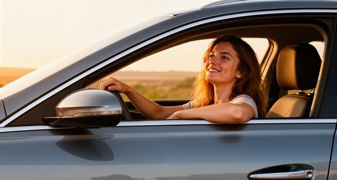 Freedom car travel concept - woman relaxing out of window in a c
