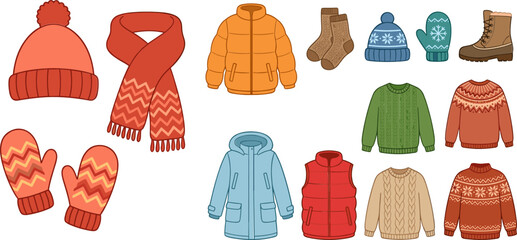 Comprehensive Winter Clothing Vector Collection Featuring Down Jackets, Parkas, Knitted Sweaters, Beanie Hats, Scarves, Mittens, and Boots for Cold Weather Seasonal Fashion and Outdoor Apparel Designs © MdMojnu