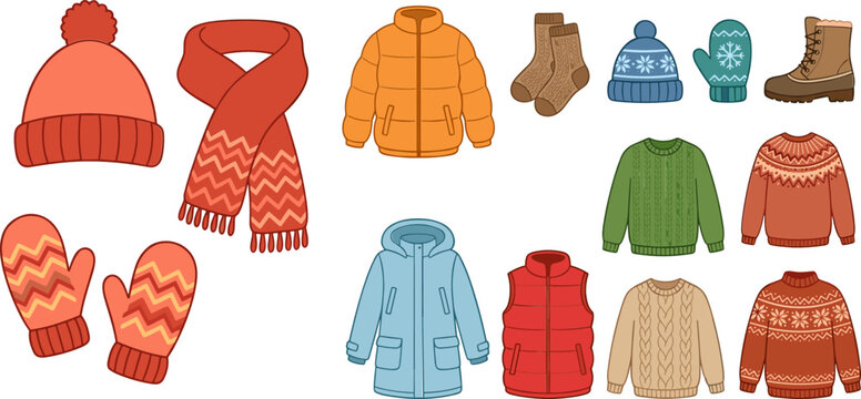 Comprehensive Winter Clothing Vector Collection Featuring Down Jackets, Parkas, Knitted Sweaters, Beanie Hats, Scarves, Mittens, and Boots for Cold Weather Seasonal Fashion and Outdoor Apparel Designs