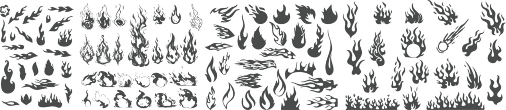Fire flame icons set vector collection on Transparent background, hand drawn blaze shapes illustration for logo, ui, and creative design