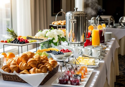 breakfast buffet spread with pastries fruits and juices on a long table in a hotel restaurant with warm lighting and elegant decor