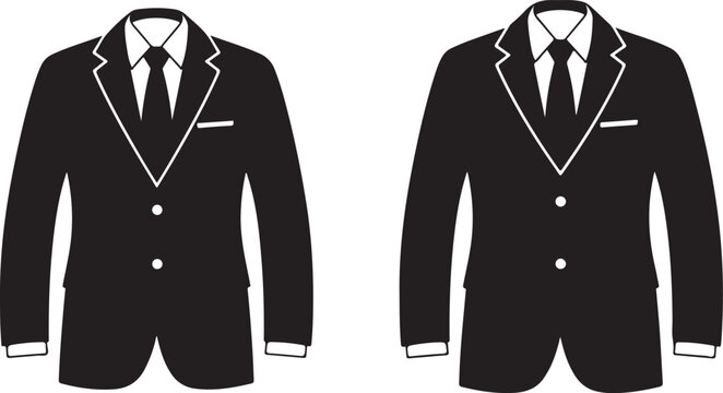 Two men's formal black blazer suits with white trim and ties