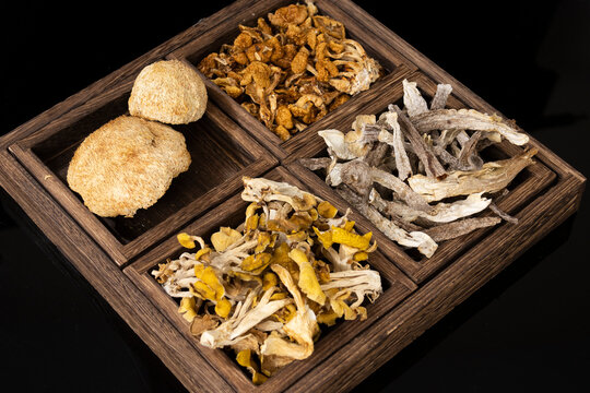 Assorted dried medicinal mushrooms and herbs arranged in a wooden box tray for traditional Chinese medicine