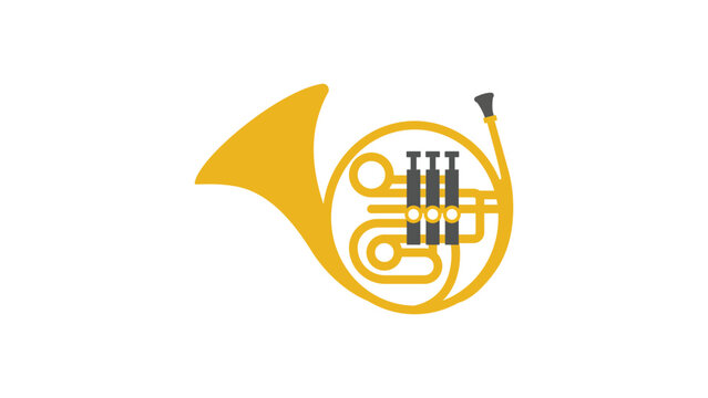 Modern French Horn flat vector icon with an editable stroke, showcasing a clean black line illustration of a brass musical instrument on a white background for orchestral and symphony performance.