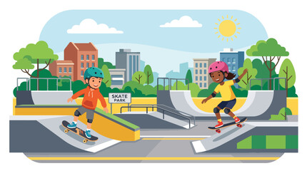 Flat vector illustration of children skateboarding in a skate park during summer, showing youth lifestyle, adventure, and energetic outdoor recreation © Amie