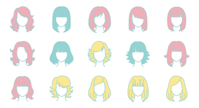 Collection of various cartoon hairstyles for women.