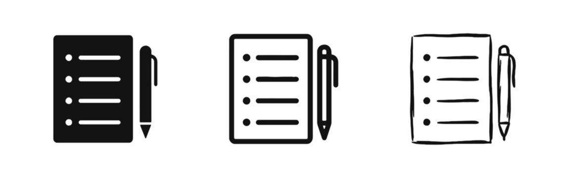 Notepad and Pen Icons with Checklist in Solid Outline and Hand Drawn Doodle Styles