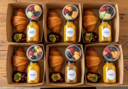 six brown cardboard boxes containing breakfast food including croissants fruit cups and juice bottles on a wooden table background