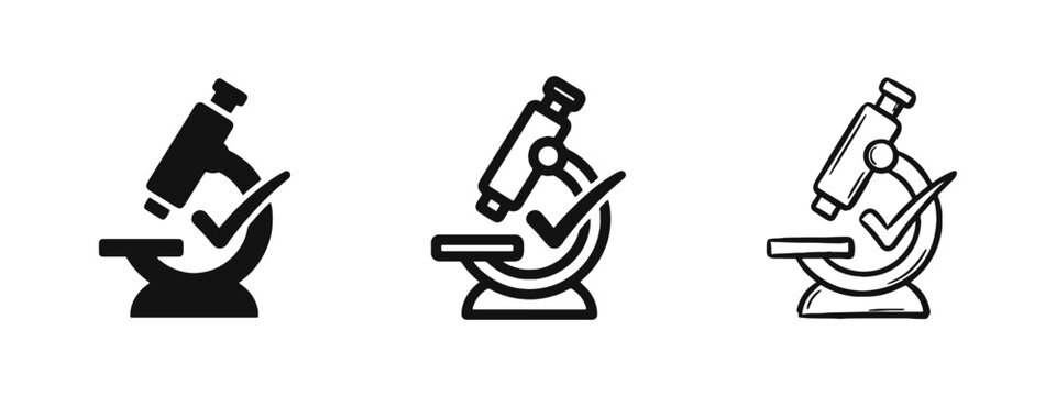 Microscope with Checkmark Icons for Lab Research in Solid Outline and Hand Drawn Doodle Styles
