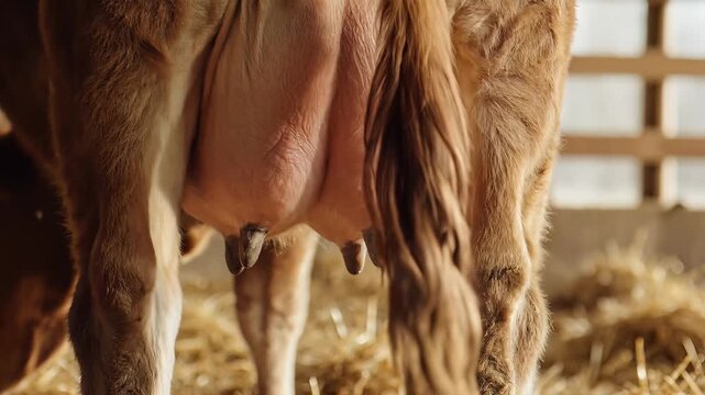 Close up of a dairy cows udder and tail on a farm.
