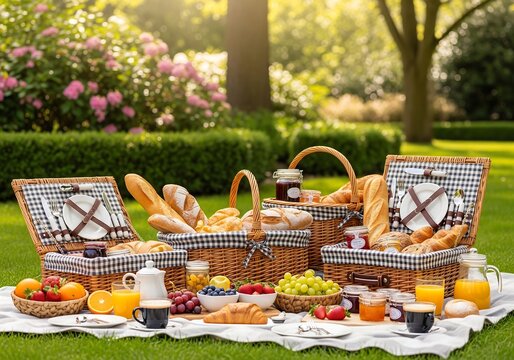 picnic setup on blanket with wicker baskets bread fruit and drinks on green grass in garden with flowers and trees in sunny afternoon