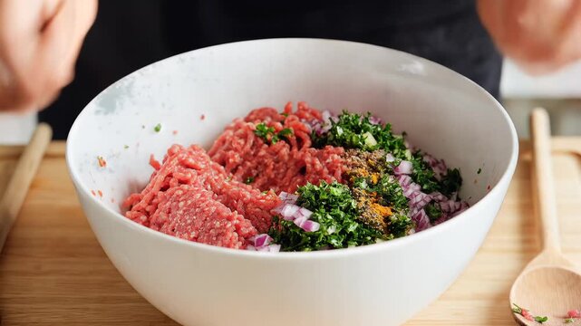 Preparing Ground Meat Mixture with Herbs and Spices in a Bowl.