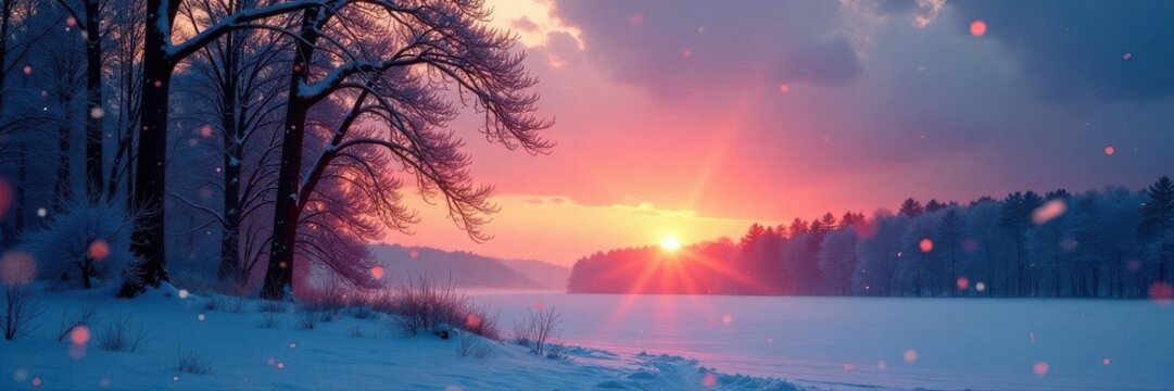 Bare trees silhouetted, falling snow, dusky light, frost, calm