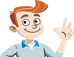 Obraz premium Smiling ginger boy character showing three fingers isolated on transparent background design.