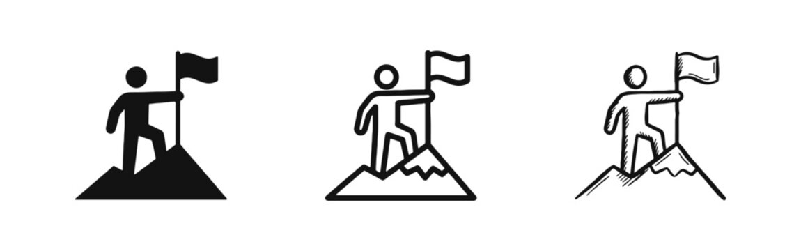 Success and achievement icon set showing a person with a flag on top of a mountain peak in three styles.