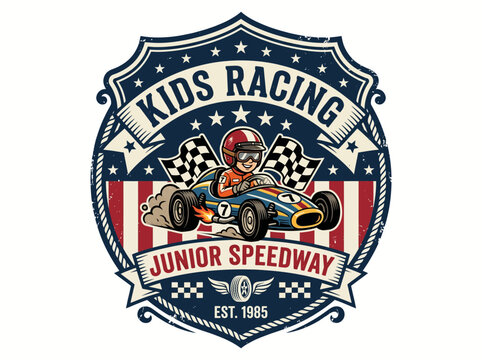 Dynamic vintage-style racing shield emblem, featuring a classic open-wheel race car, checkered flags, and stars, perfect for junior motorsport events and branding