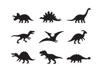 Dinosaur and Jurassic dino monster icons. Vector silhouettes of triceratops or T-rex, brontosaurus or pterodactyl and stegosaurus, pteranodon or ceratosaurus and reptile parasaurolophus © Ikmalia