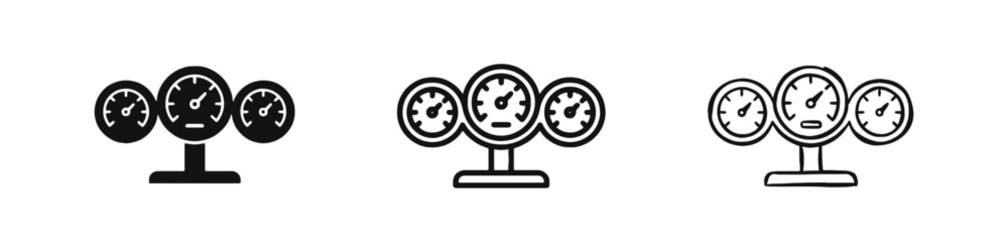 Dashboard gauge icon set with three dials in solid, outline, and hand-drawn sketch styles for performance measurement.