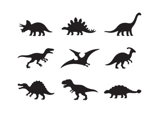 Dinosaur and Jurassic dino monster icons. Vector silhouettes of triceratops or T-rex, brontosaurus or pterodactyl and stegosaurus, pteranodon or ceratosaurus and reptile parasaurolophus