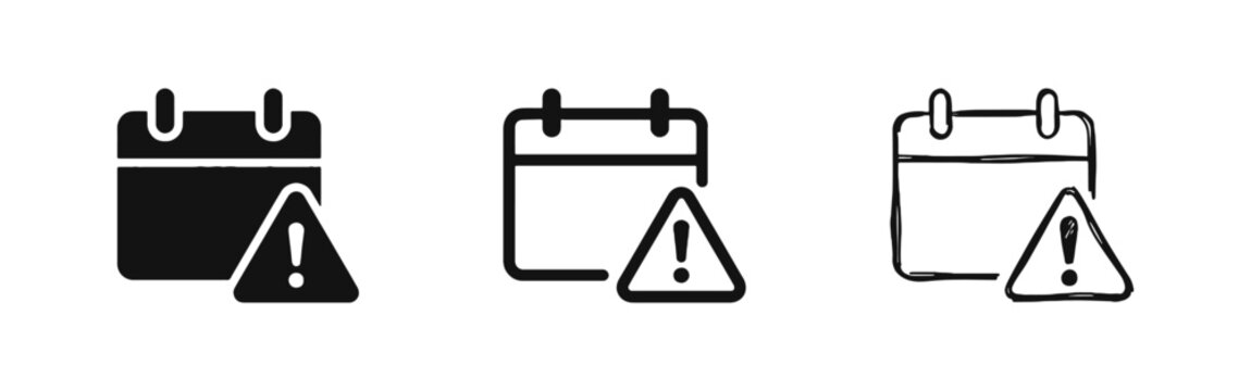 Calendar deadline alert icon set with a warning triangle in solid, line, and doodle styles.