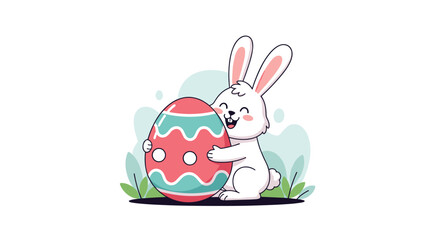 Obraz premium Cute white bunny character hugging a large red and teal decorated Easter egg in a spring garden with green plants.